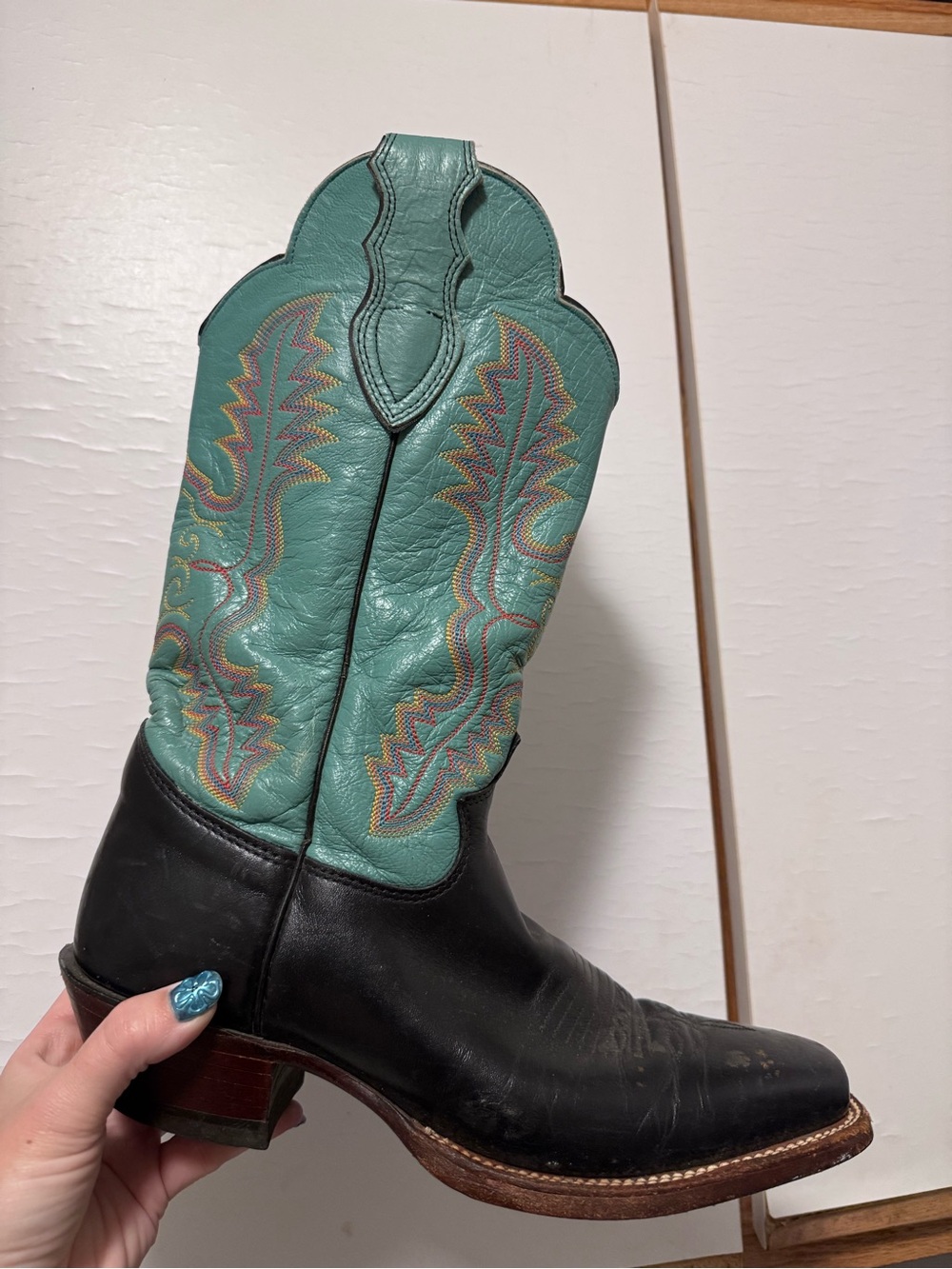 Justin Boots Black Leather Western Heeled Boots with Teal Shaft